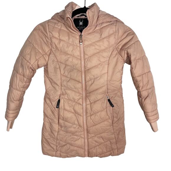 Spyder Girls Small 7 Light Pink Clara Short Puffer Jacket Misty Rose Hooded - Picture 1 of 12